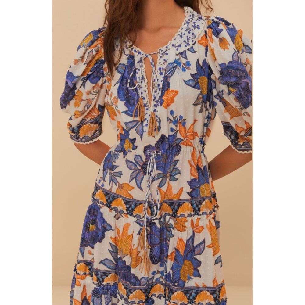 NEW NWT Farm Rio Off-White Summer Flowers Beaded Tassels Maxi Dress Size S - Picture 4 of 8